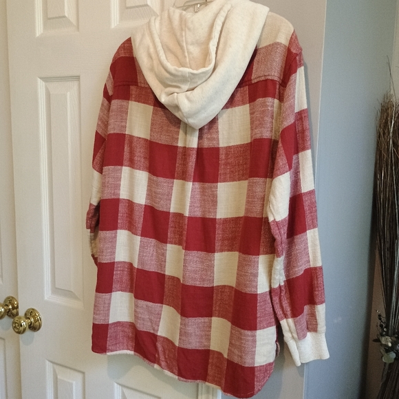 American Eagle‎ Red Plaid Hooded Flannel Shacket  Women’s Medium Cotton - Picture 9 of 10